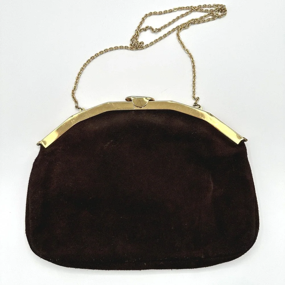 VTG‎ Brown Suede Clutch Evening Bag Gold Chain MCM Old Money Quite Luxury Retro